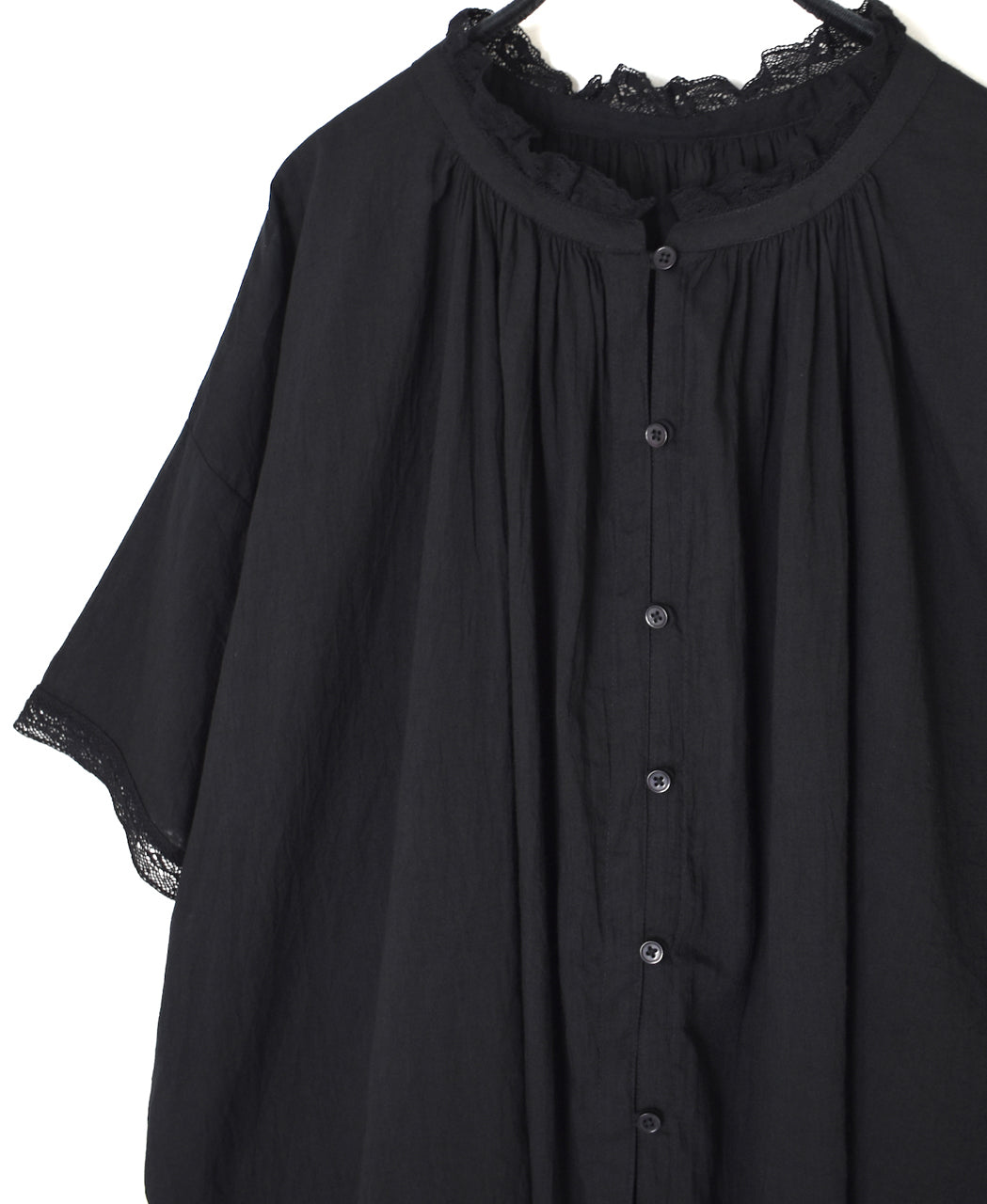 NSL26091 80s COTTON VOILE LACE LACE&LOOP BUTTON GATHERED SMOCK