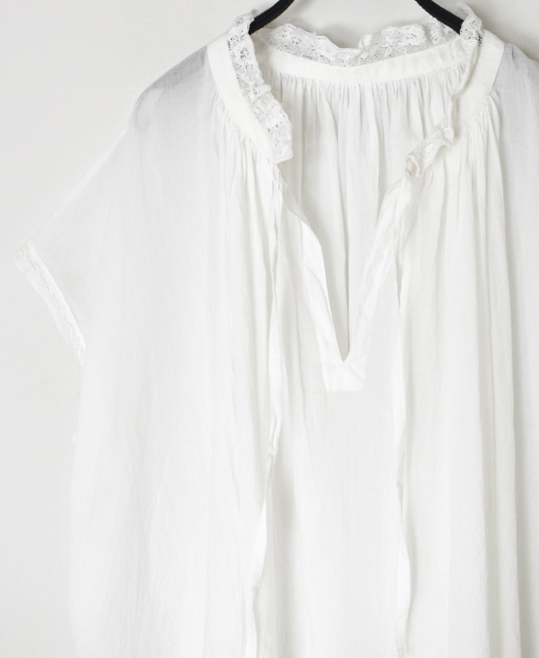 NSL26092 80s COTTON VOILE LACE LACE&STRING COLLAR GATHERED SHIRT