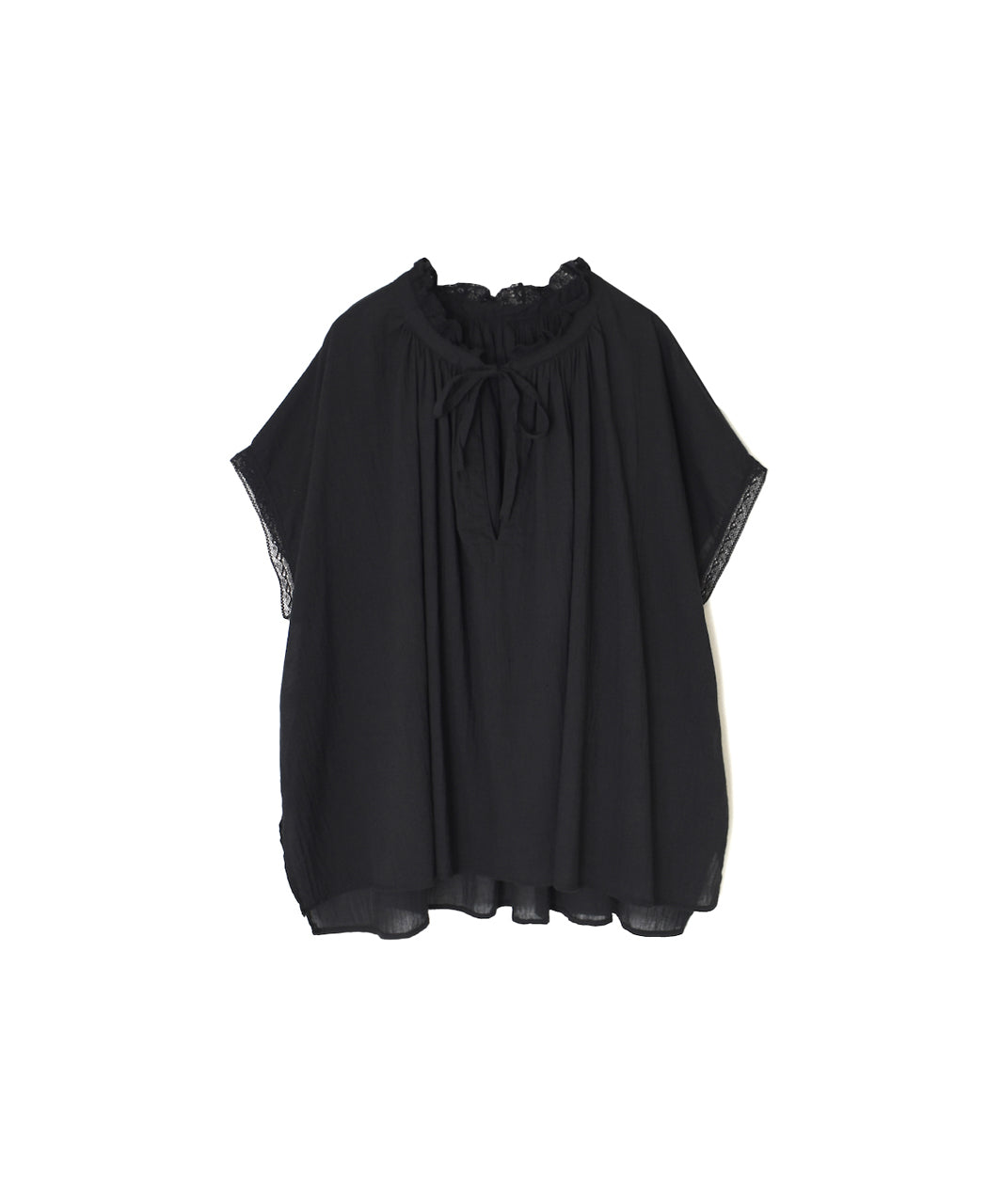 NSL26092 80s COTTON VOILE LACE LACE&STRING COLLAR GATHERED SHIRT