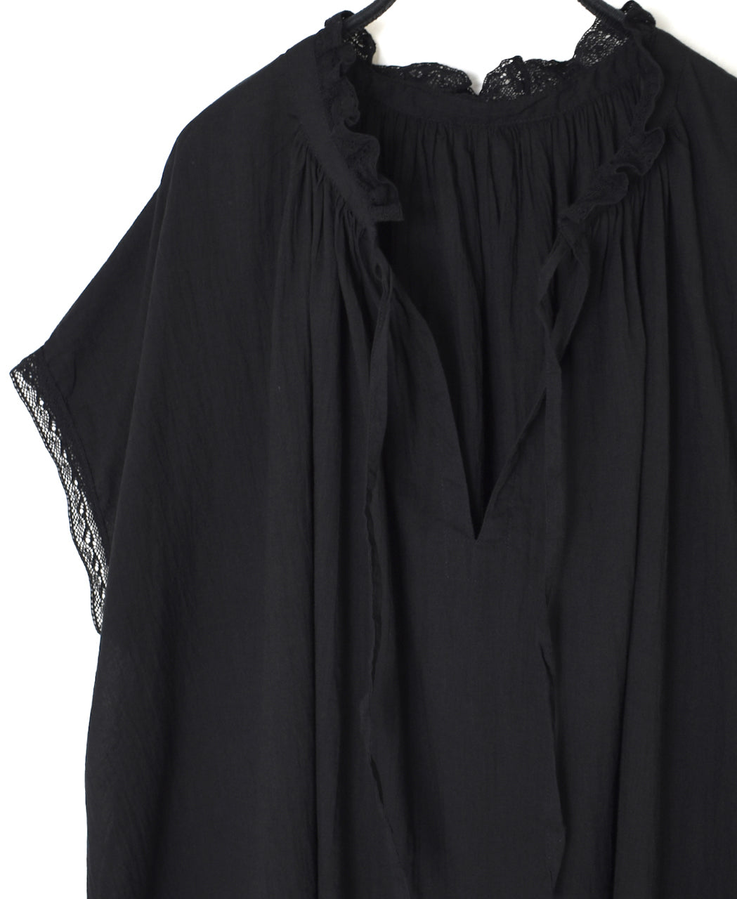 NSL26092 80s COTTON VOILE LACE LACE&STRING COLLAR GATHERED SHIRT