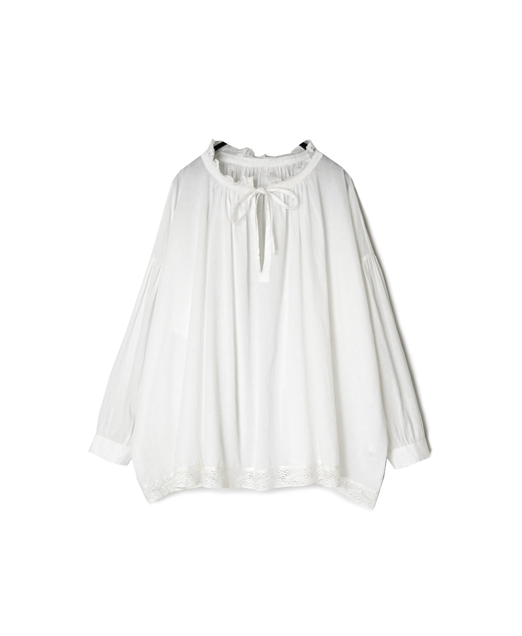 NSL26552 60s COTTON CAMBRIC PLAIN WITH LACE LACE & STRING COLLAR GATHERED SHIRT