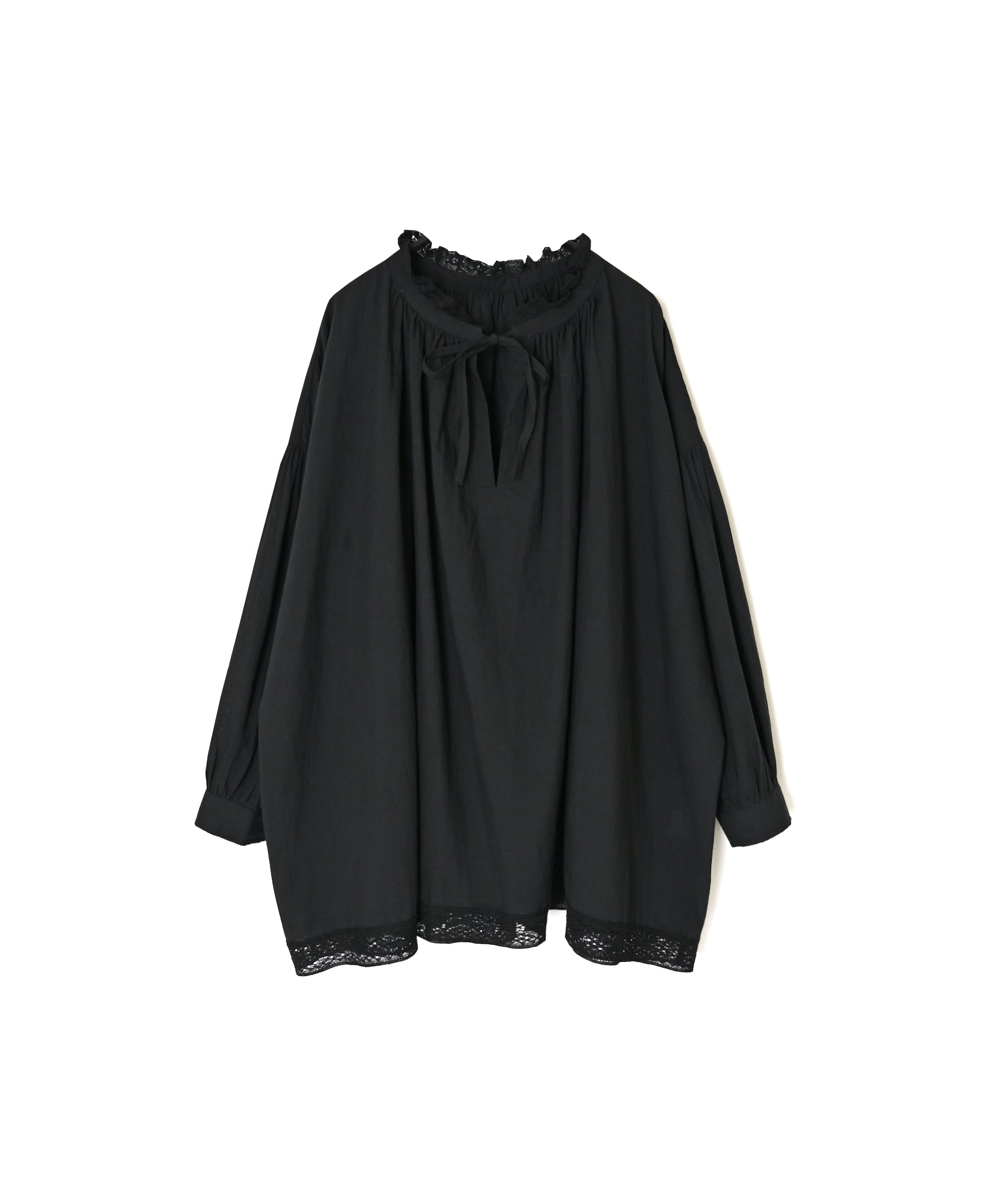 NSL26552 60s COTTON CAMBRIC PLAIN WITH LACE LACE & STRING COLLAR GATHERED SHIRT