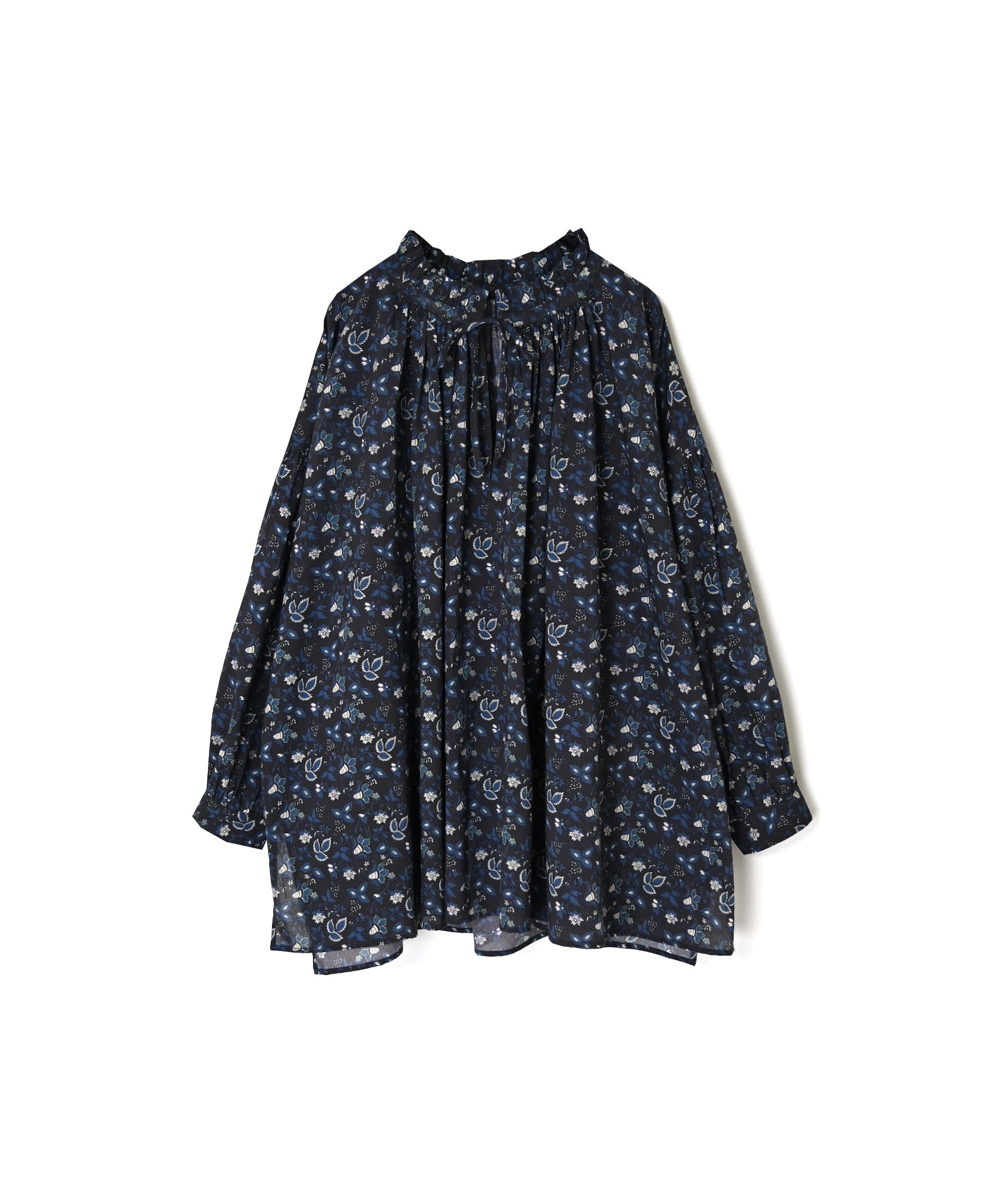 NSL26592 60s COTTON CAMBRIC FLOWER PRINT FRILL&STRING COLLAR GATHERED SHIRT