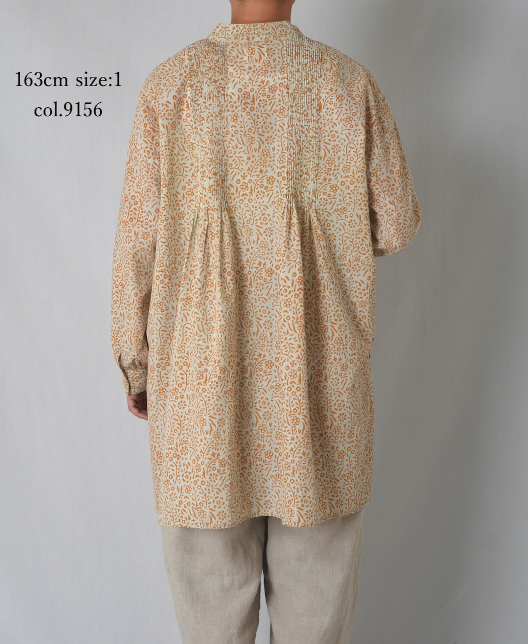 INMDS26102 80s COTTON FLOWER BLOCK PRINT BANDED COLLAR MINI PINTUCK TUNIC