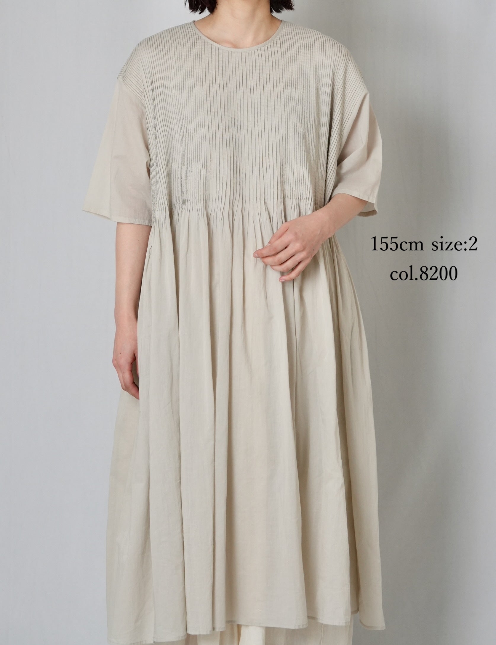 NMDS26243 80s ORGANIC COTTON VOILE CREW-NECK HALF/SLEEVE DRESS WITH MINI PINTUCK