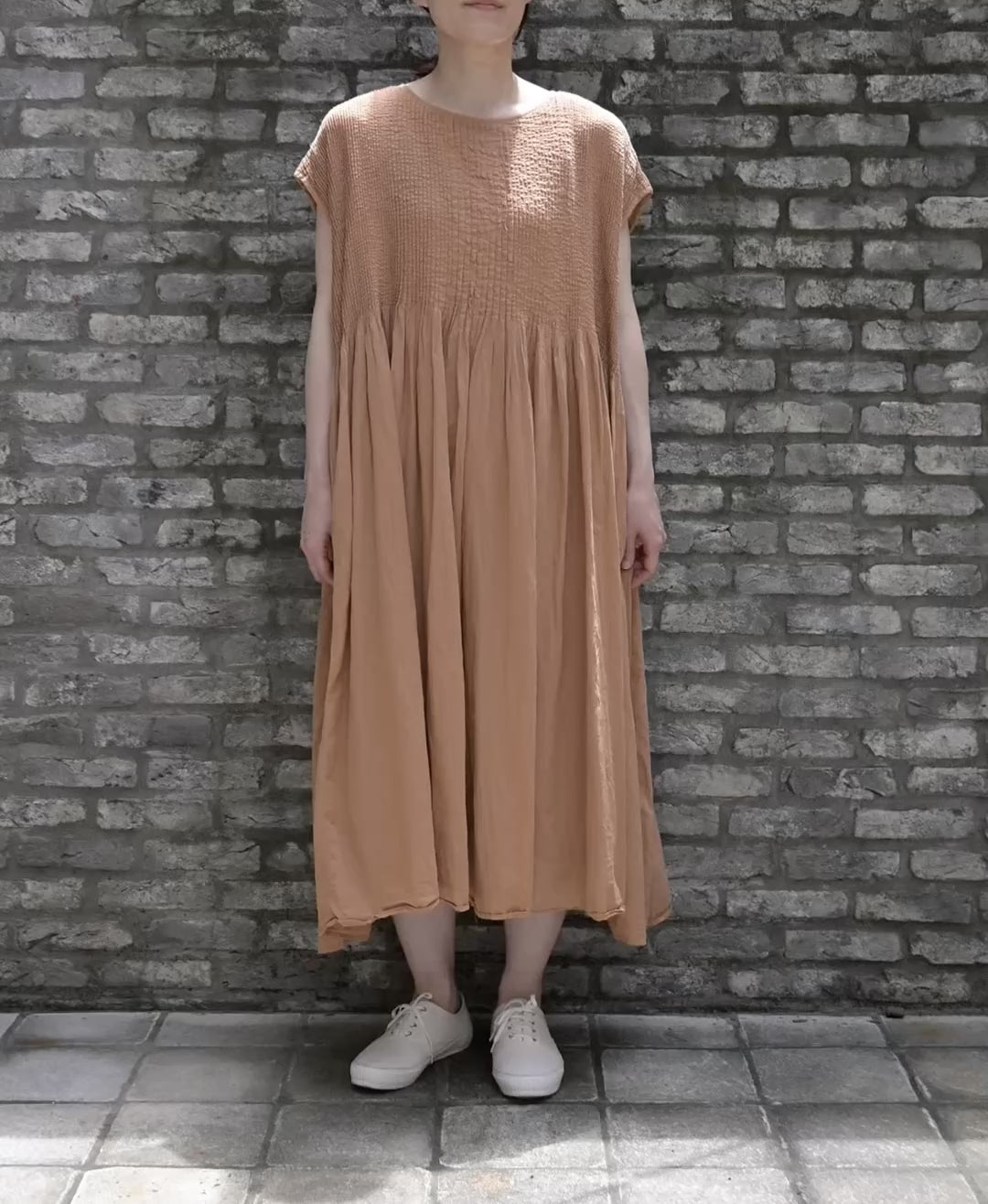 NMDS26513D 80s ORGANIC VOILE STRIPE (OVERDYE) CREW-NECK F/SL DRESS WITH PINTUCK